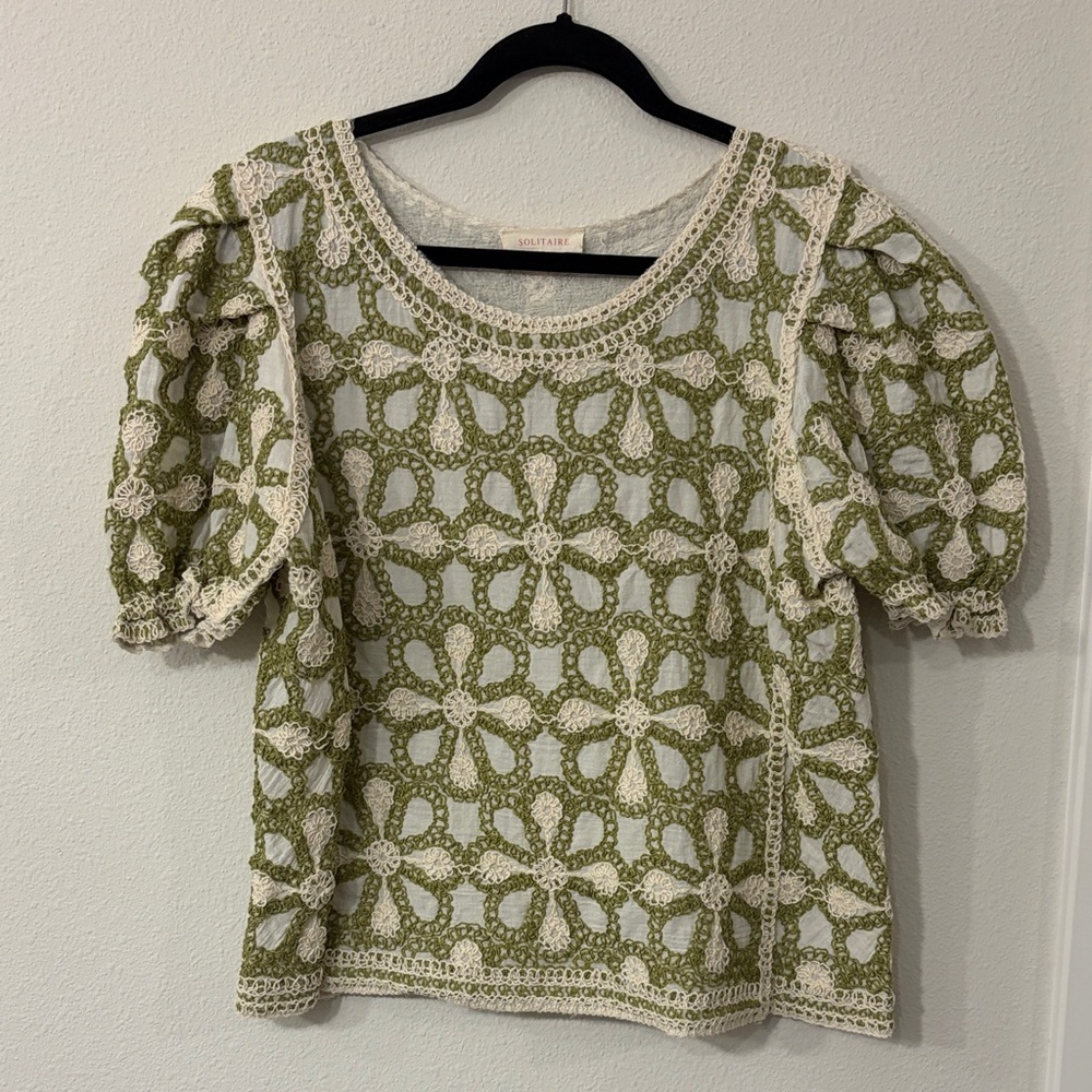 Solitaire Green and Cream Crochet Blouse